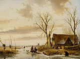Skaters Canvas Paintings - A Winter Landscape with Skaters on a Frozen River